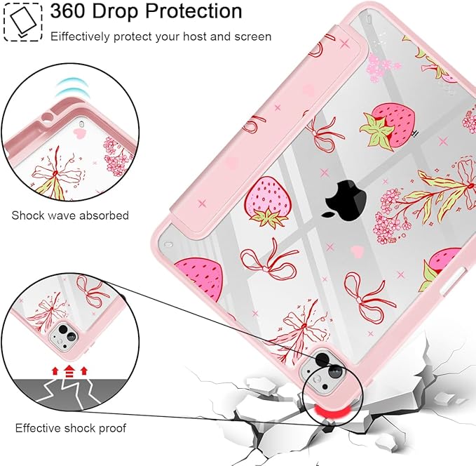 May Chen for iPad Pro 13 Inch Case M5 2025 / M4 2024, Built Pencil Holder & Clear Transparent Print Back Shell Slim Stand Shockproof Tablet Cover, Auto Wake/Sleep, Strawberry Bow