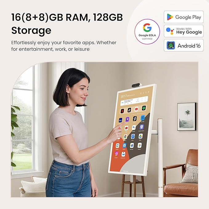 ApoloSign 32 Inch FHD Smart Portable TV 2nd Gen, 16(8+8) GB RAM+128GB, Android 16, EDLA-Certified, Rolling Tablet TV on Wheels, Built-in 15000mAh Battery, Full Swivel Rotation, Voice Remote Control