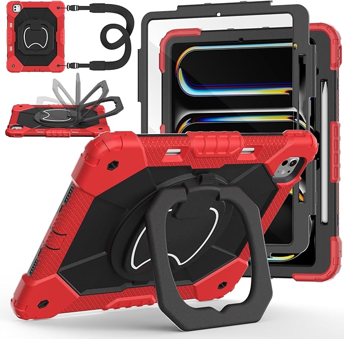Case for iPad Pro 13 Inch M5 2025/ M4 2024, Ubearkk for iPad Pro 13 Inch case with Screen Protector, 360 Degree Rotating Stand Shoulder Strap Pencil Holder,Military Grade Shockproof, Red Black