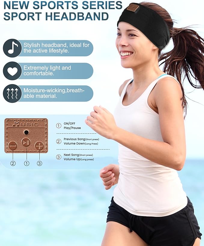 2-Pack Sleeping Headphones, Headband Headphones with Ultra-Thin HD Stereo Speaker, Bluetooth Headband for Sports, Workouts, Insomnia, Yoga, Air Travel, Meditation - Black&Grey