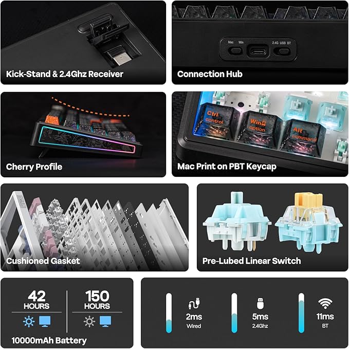 EPOMAKER TH108 V2 PRO Full Size Mechanical Keyboard with Screen&Knob, 10000mAh, BT/2.4Ghz, Mac Modifier PBT Keycap, Hot Swap, RGB, Gasket, Wireless Gaming Keyboard for Mac/PC (Black, Sea Salt Silent)