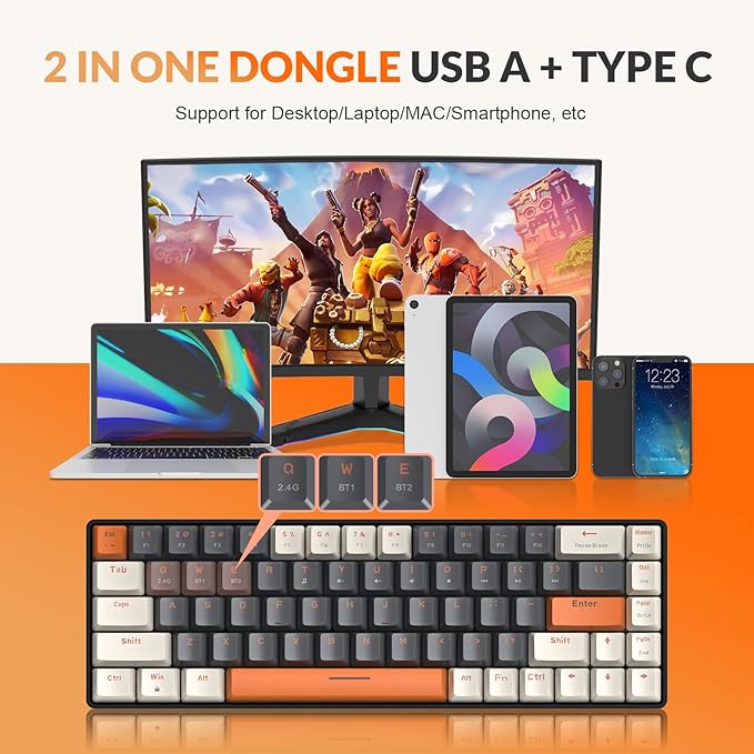 MAGIC-REFINER RK68 60% Wireless Mechanical Keyboard, Bluetooth 5.0/2.4GHz with Dual Mode 2-in-1 Receiver, Compact 68-Key Hot Swappable Gaming Keyboard, Linear Red Switch for PC Mac Xbox Smartphone