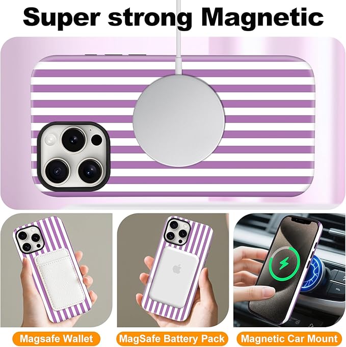 Magnetic for iPhone 15 Case Cute Stripes Phone Case, Shockproof Slim TPU and Hard PC Protective Phone Cover Compatible with MagSafe Designed for Women Girls, Purple