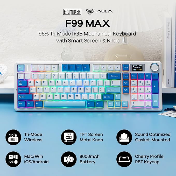 EPOMAKER Aula F99 MAX Wireless Mechanical Keyboard, Smart Screen & Knob, 8000mAh, 2.4Ghz/BT Creamy Keyboard, Pre-Lubed Switch, Hot-Swappable, RGB Backlit, Custom Software (Blue)