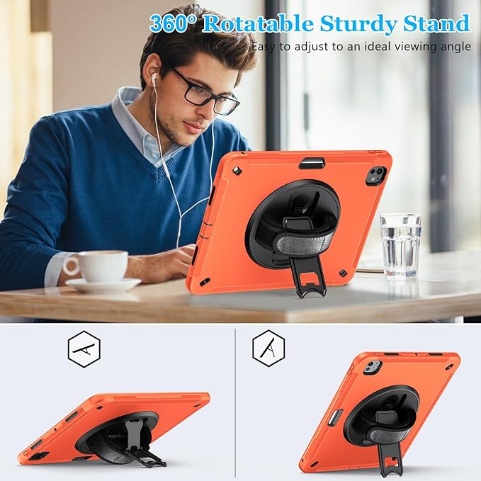 Case for iPad Pro 13 Inch M5 2025/ M4 2024: Military Grade Cover for iPad Pro 13" with Screen Protector - Stand - Handle - Shoulder Strap - Pencil Holder- Orange