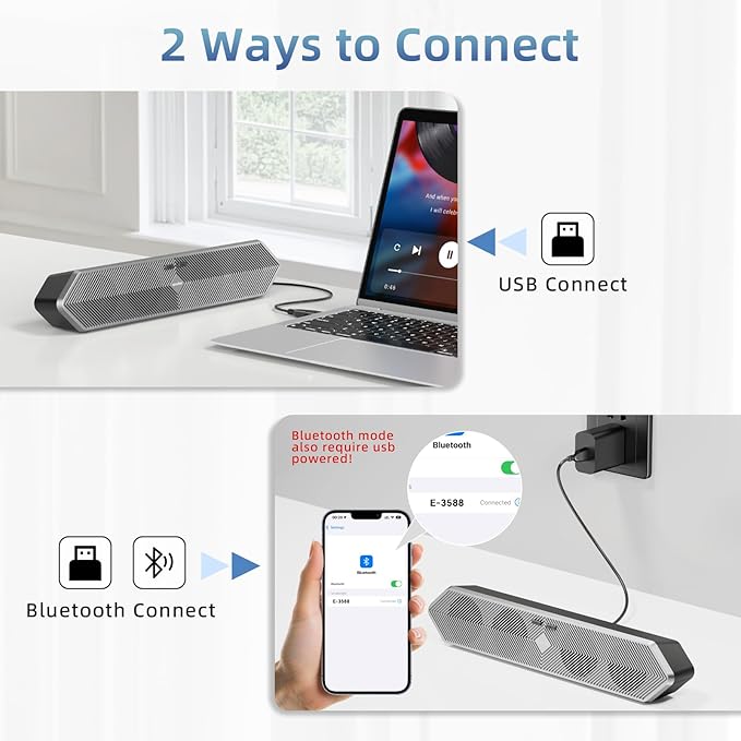 PC Speaker for Computer, Wired USB Powered Bluetooth Computer Speakers with Stereo Clear Sound, Gaming Speakers Sound Bar for Computer Desktop PC Laptop Monitor, Bluetooth & USB Input Black