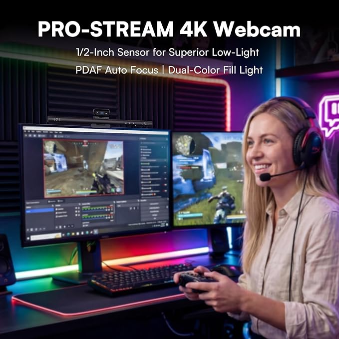 4K Webcam with Ring Light & Microphone, 4K Ultra HD Streaming Camera, Built-in Dual Noise-Canceling Mics, Auto Light Correction, for Zoom/Skype/Teams/YouTube/Twitch, Plug & Play, for PC