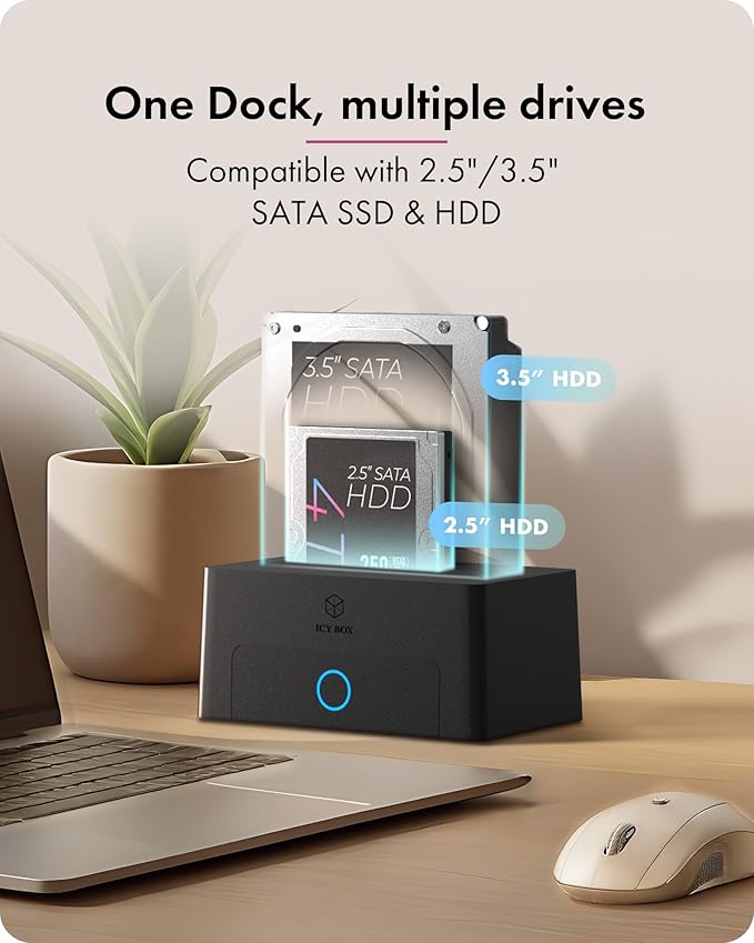 ICY BOX Hard Drive Docking Station, SSD HDD 2.5 3.5 Inch SATA to USB Adapter, External SSD Enclosure Hard Drive Reader, Support UASP Hot Swappable up to 30TB Drives, for Windows and Mac