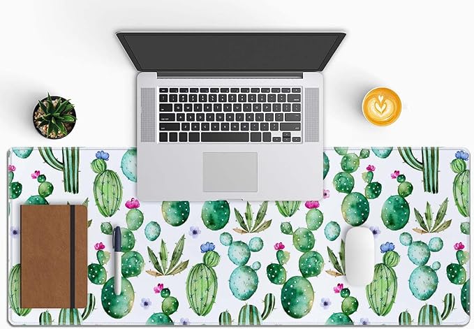 Large Gaming Mouse Pad with Stitched Edges, Desk Pad Extended Keyboard Mat, Non-Slip Rubber Base Mousepads for Laptop, Office, Home, 31.5X11.8 inch Watercolor Cactus and Flowers