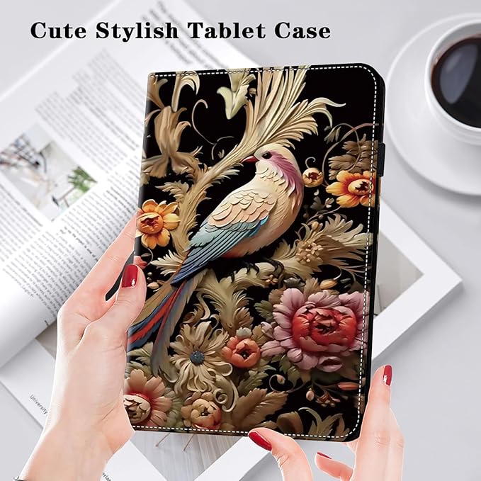 for iPad 10th Generation Case - 10.9 Inch 2022, PU Leather Shockproof Slim Case with Pencil Holder Elastic Strap Cover - Flower Birds