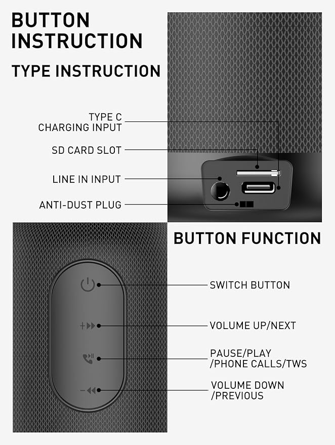 MANTO Bluetooth Speaker IPX5 Waterproof Portable Shower Speaker, 12H Battery, Micro SD Playback (Up to 32GB, Card Not Included), Compact Design for Travel, Camping, Hiking, and Home (Black)