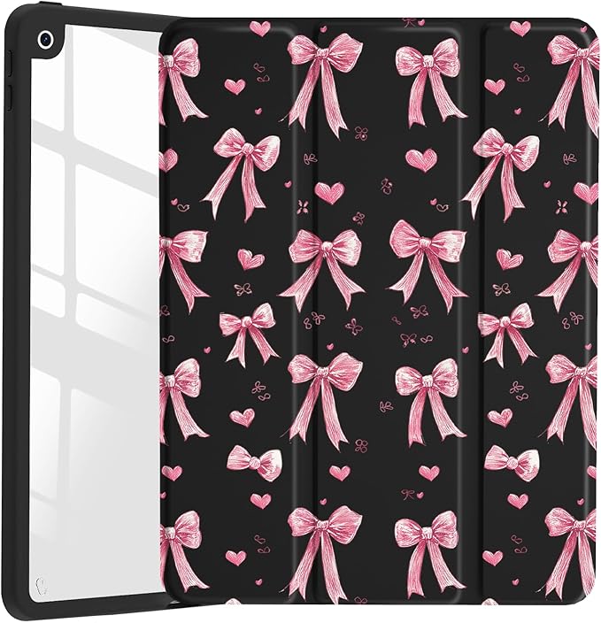 JOYLAND Cartoon Pink Bowknot Case for iPad (A16) 11th Gen 2025 11-inch/10th Gen 2022 10.9 inch, Clear Acrylic Hard Back Black Case with Pencil Holder Trifold Stand Tablet Cover for Women