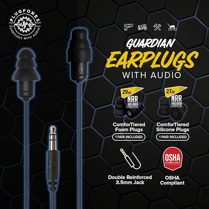 Plugfones Guardian Earplug Headphones - OSHA Compliant Noise-Reducing in-Ear Headphones with Hearing Protection - Wired Hybrid Design for Work and Travel - Includes Silicone & Foam Earplugs - Black