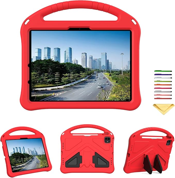 Kids Case for iPad Pro 11-Inch 2022/2021/2020/2018 (4th/3rd/2nd/1st Generation) & iPad Air 5th/4th Gen Case 2022/2020 10.9" with Kickstand/Handle/Pencil Holder Stand Girl Boy Cover, Red
