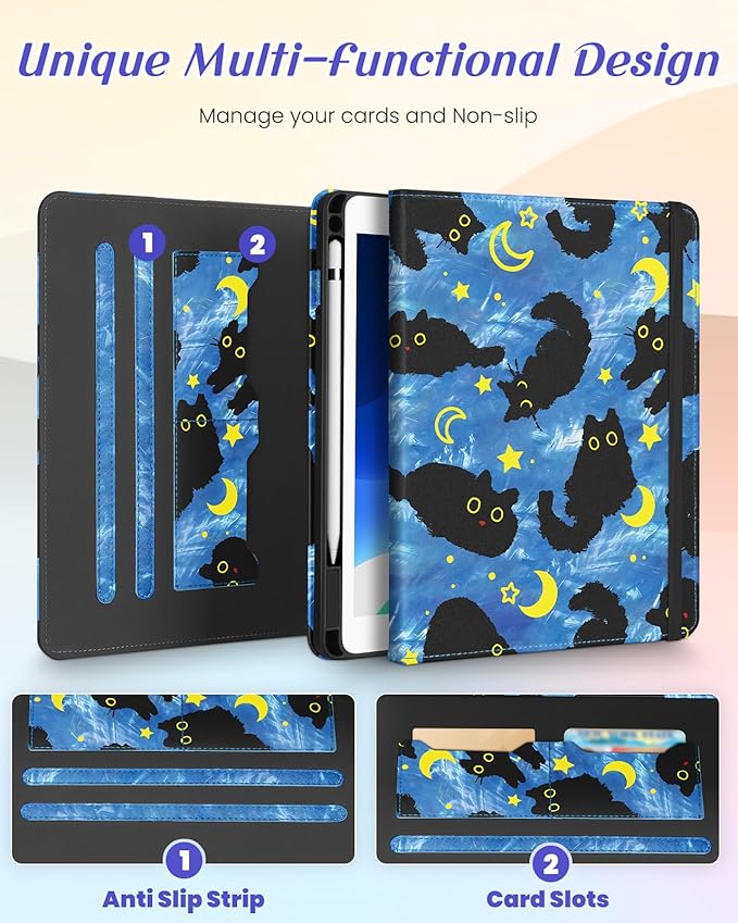 Kidcube for iPad 9th/8th/7th Generation Case 10.2 Inch - for Women Girls Cute Rotating Stand Folio Cover with Pencil Holder & Card Slot Girly Cat Unique Design Blue Teen for iPad 9th/8th/7th Gen Cases