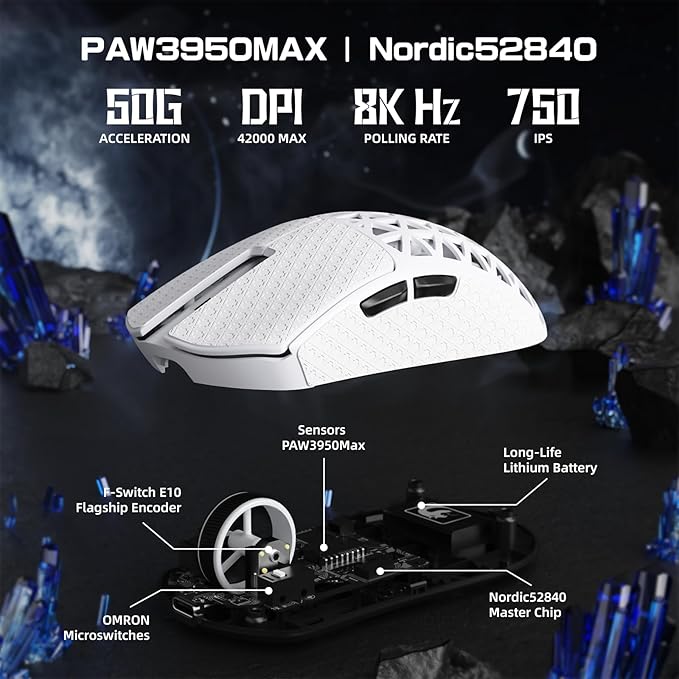 MAMBASNAKE M5 Ultra Carbon Fiber 8KHz Wireless Gaming Mouse,PAW3950MAX Sensor 42K DPI,39g Lightweight Tri-Mode 2.4GHz/BT/Wired Computer Mice,Web Driver Support,for Win/Mac/FPS/MOBA/Esports-White (B)