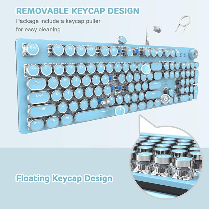 LexonElec Typewriter Style Retro Mechanical Gaming Keyboard, Vintage Steampunk with White LED Backlit, Wired 104-Key Blue Switch Cute Keyboard, Round Keycaps Knob Control for PC/Laptop/Mac (Blue)