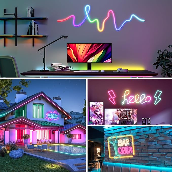 BTF-LIGHTING 13.1FT WS2811 WS2812B IC RGB DC5V 360 Degree Round Reticulate Chasing Color Neon LED Strip Kit Bluetooth Controller Flexible Silicone IP67 Waterproof Rope Light for Home Decor(No Adapter)