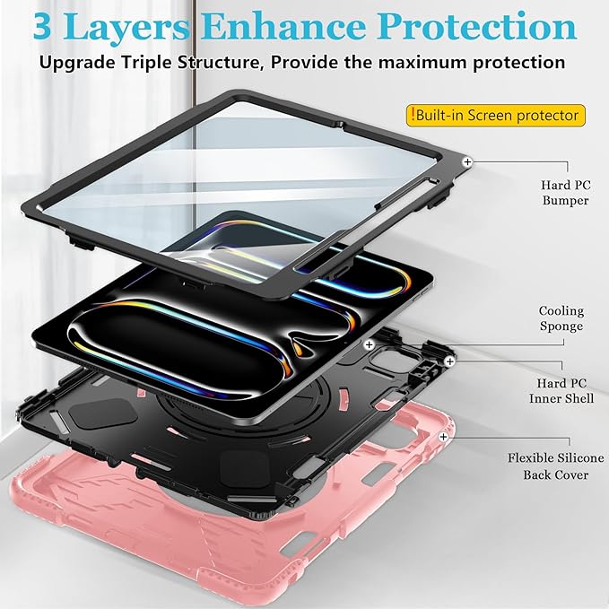 Case for iPad Pro 11 M5 2025/ M4 2024: Protective Cover for iPad Pro 11 Inch 5th Generation with Screen Protector- Stand- Handle- Shoulder Strap- Pencil Holder-Black+Rose Gold