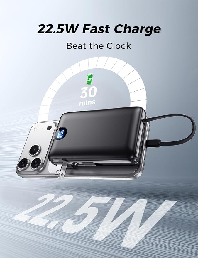 Power Bank, 50000 mAh Portable Charger with Built in Cable & Wall Plug, 22.5W Fast Charging, Travel Essential Battery Pack with LED Display for iPhone 17/16/15/14 Series, Galaxy, iPad Black