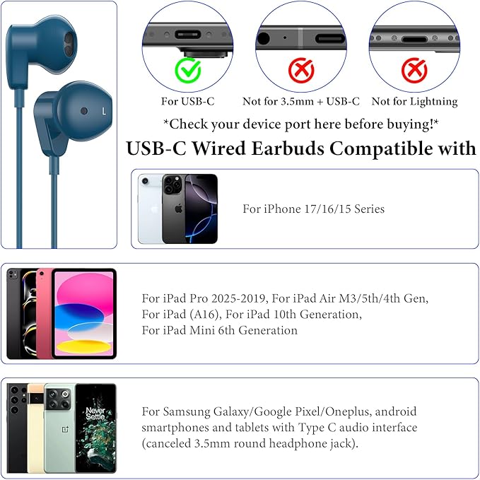 APETOO USB C Headphones for iPhone 17 Pro Max 16 15 Plus iPad Air USB-C Wired Earbuds with Mic Volume Control HiFi Stereo Type C Earphones for Galaxy S25/S24/S23/S22 Ultra Pixel 10 9 8 7 6a, Blue