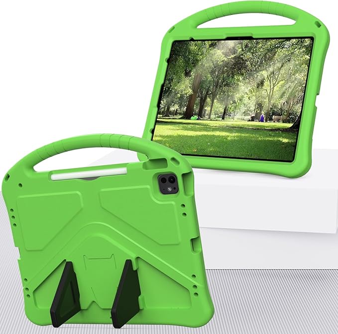 Kids Case for iPad Air 13 inch M4/M3/M2 (2026/2025/2024) with Pencil Holder/Shockproof Handle/Kickstand/Slim Lightweight Soft EVA Foam Folio Stand Tablet Protective Girls Boys Cover, Green