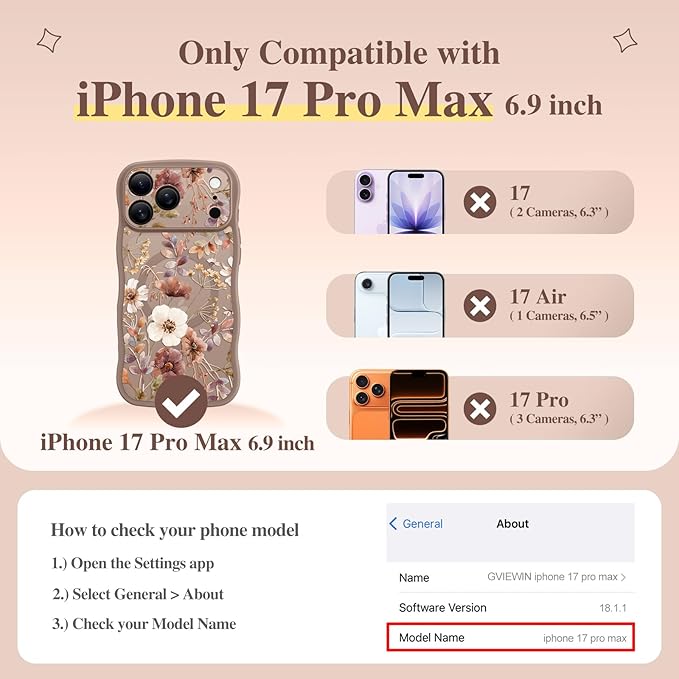 GVIEWIN for iPhone 17 Pro Max Case Compatible with MagSafe [Curly Wave Edge][Full Camera Protection] Floral Translucent Shockproof Magnetic Women Phone Case for 17 Pro Max, Corn Poppy/Brown