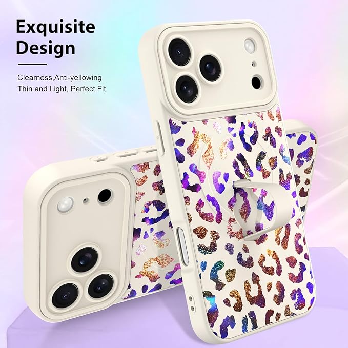 KANGHAR Compatible with iPhone 17 Pro Max Case, Support for MagSafe, Silicone Cute Iridescent Leopard Cheetah Pattern, Wristband Kickstand Shockproof Protective Slim Cover for Women Girls, White