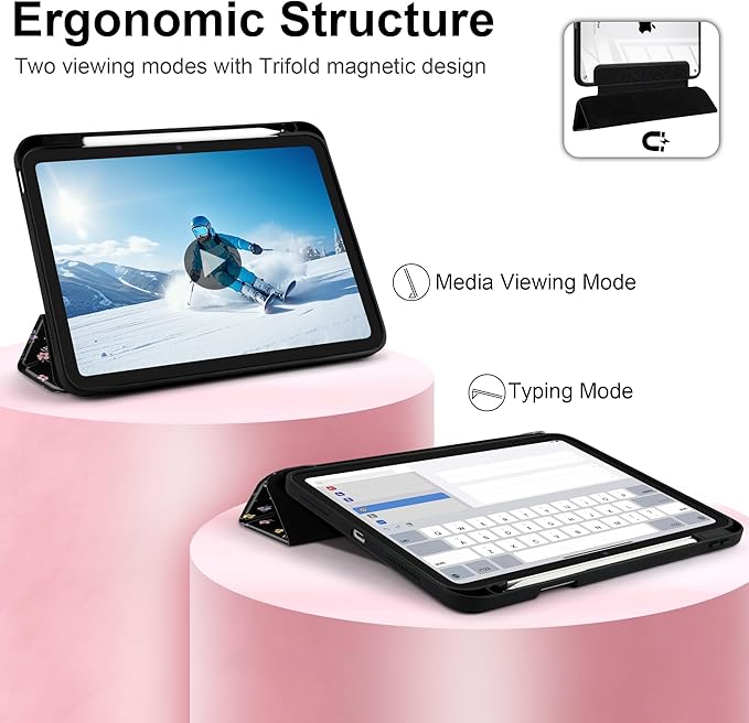 Case for iPad Air 13 inch 2026 M4 2025 M3 2024 M2 Release Slim Lightweight Shockproof Cute Printed Cover with Clear Back TPU Edge Pencil Holder Trifold Stand Auto Wake Sleep, Flowers