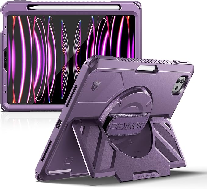 Dexnor Case for iPad Pro 11 inch 4th/3rd/2nd/1st Gen (2022/2021/2020/2018),Rugged Protective Case with 360° Rotating Hand Strap & Stand & Screen Protector&Pencil Holder Shockproof Bumper Cover,Purple