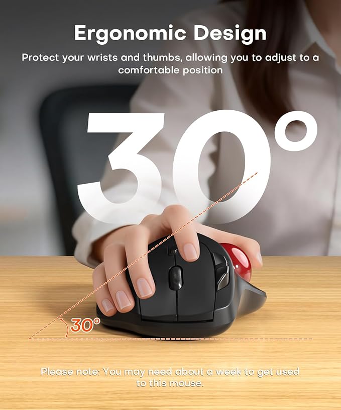 Ergonomic Wireless Trackball Mouse, 3 Device Connection (Bluetooth or 2.4G USB Receiver) Bluetooth Quiet Computer Mouse, 2*AAA Battery Thumb Laptop Mice with 5 Level DPI for PC/Laptop/Mac/Windows Red