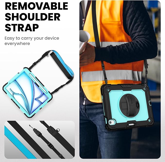 timecity Case for iPad Air 11 Inch M4 / M3 / M2 (2026/2025/ 2024), 360° Rotating Stand, Pencil Holder & Wireless Charging, Shockproof with Screen Protector & Shoulder Strap - for Designers, Blue