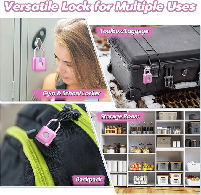 Fingerprint Padlock,Smart Padlock APP Control,Fingerprint Locker Lock,Gym Lock USB Rechargeable for Gym Locker,Locker, School,Storage Pink