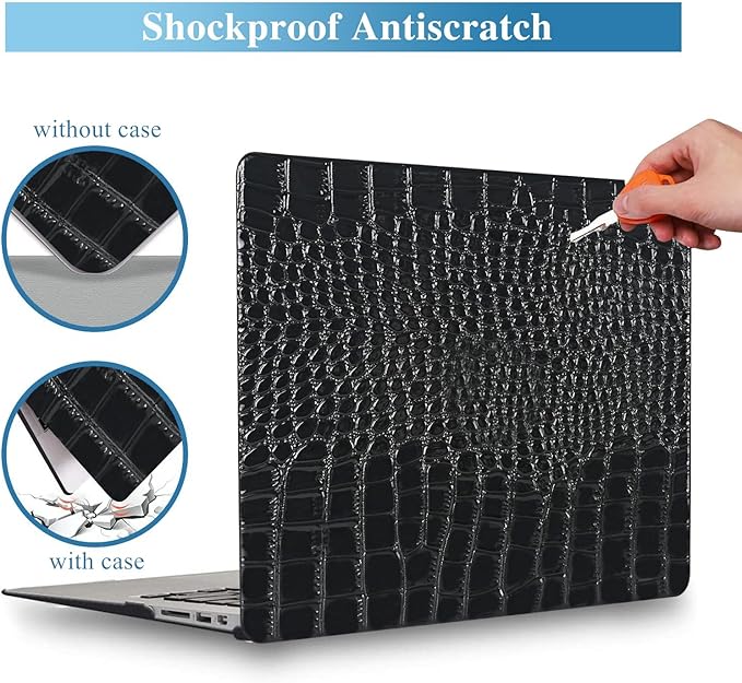 Compatible with Crocodile MacBook Air 13 inch Case 2021 2020 2019 2018 M1 A2337 A2179 A1932, Textured Elegant Luxury Aligator Skin Snakeskin PU Leather Hard Shell & Keyboard Cover, Shiny Black