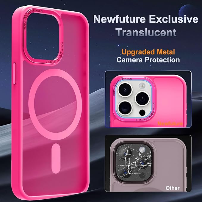 Newfuture Designed for iPhone 14 Pro Case with Magnetic [13 FT Military Drop Protection] [Compatible with Magsafe] Slim Translucent Matte Shockproof with Anti-Fingerprint Phone Case, Hot Pink