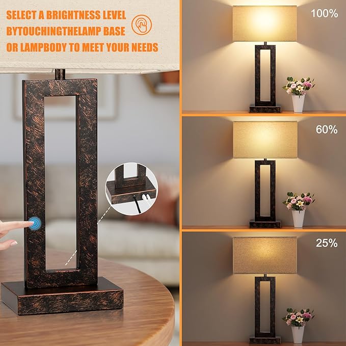 Seealle 22" Tall Living Room Lamps for Night Stands - Touch Bedside Lamp with USB C+A, 3 Way Dimmable Bedroom Lamps for End Tables Set of 2, Modern Night Stand Lamp for Bed Side(Beige&Brown)