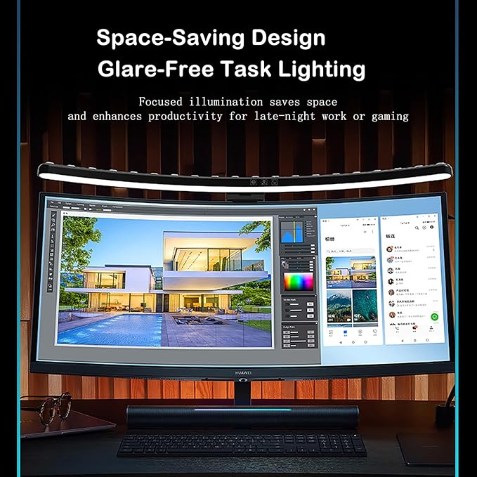 Curved Screen Light Bar Pro – RGB Music-Synced Ambient Lighting for 24”+ Monitors, Anti-Glare Desk Lamp with Touch Control, Stepless Dimming & Heavy-Duty Clamp