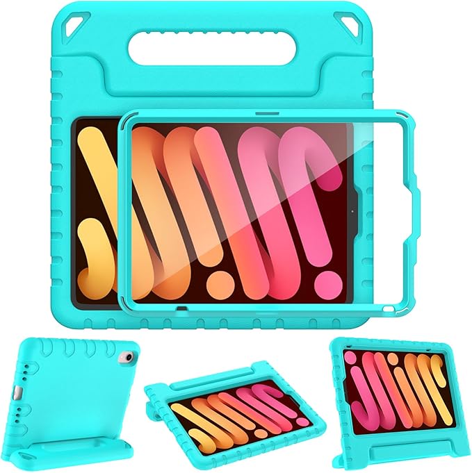 AVAWO Kids Case for iPad mini 7 (A17 Pro) 2024 8.3 inch, Mini 6 2021 with Built-in Screen Protector, Shockproof Lightweight Handle Stand Cover for Model (A2995/A2996, A2567/A2568/A2569), Turquoise