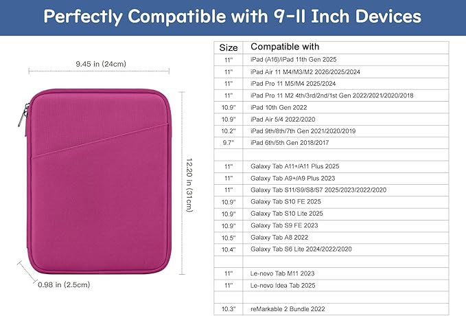 Dadanism 9-11" Tablet Sleeve Bag Carrying Case for iPad (A16) 11th Gen 11", iPad 10th Gen 10.9" Air 5/4, iPad Air M4/Pro 11", iPad 9/8/7th, Galaxy Tab A11+ Plus 11", Remarkable 2 10.3", Fuchsia