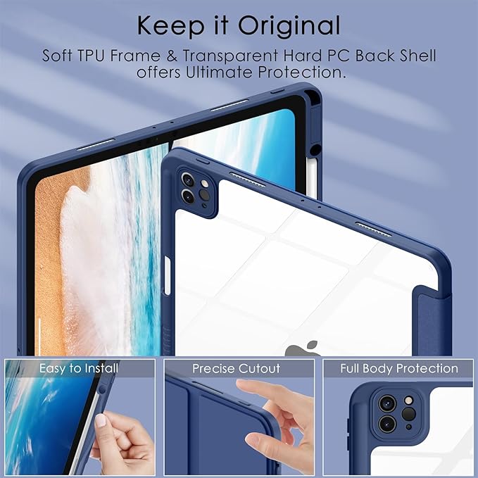 Soke Case for iPad Pro 12.9 Inch (6th/5th/4th/3rd Generation, 2022/2021/2020/2018) - Pencil Holder + Auto Sleep/Wake + Camera Protection, Transparent Shockproof Back Cover, Navy