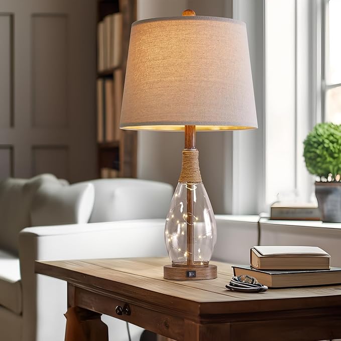 OYEARS Bedside Table Lamps Set of 2 with USB, Farmhouse Bedside Lamps Retro Farmhouse Rattan Glass Nightstand Nightlight Lamps for Bedroom Living Room Dorm,Two Light Points