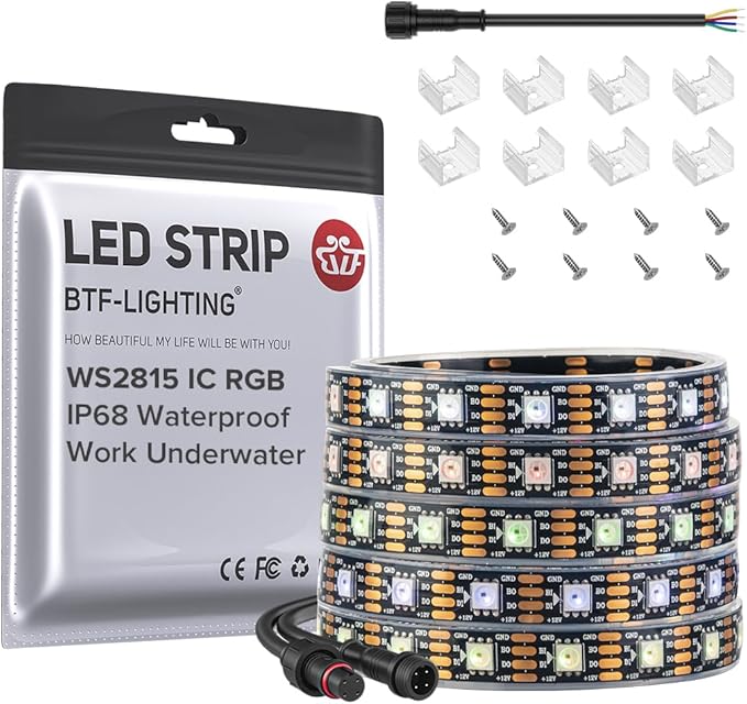 BTF-LIGHTING IP68 Waterproof Outdoor WS2815(Upgraded WS2812B) RGB LED Strip Individually Addressable 5050SMD Dual Signal DC12V 16.4ft 300Pixel Can Work Outdoor Black PCB(No Adapter or Controller)