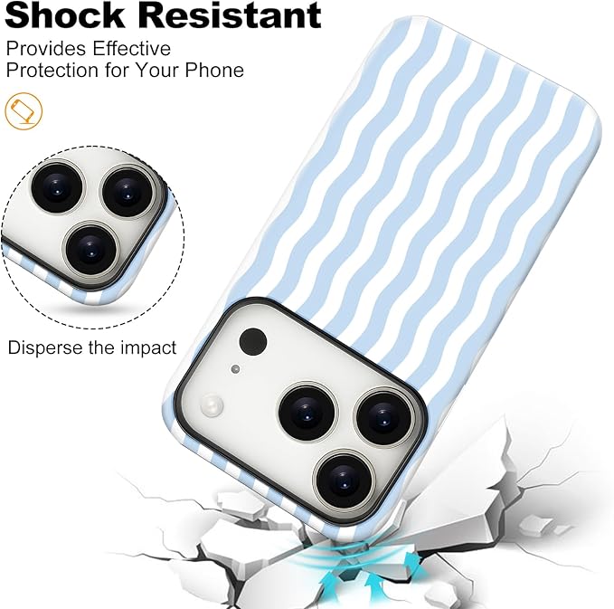 Magnetic for iPhone 17 Pro Case Cute Wavy Stripes Phone Case, Shockproof Slim TPU and Hard PC Protective Phone Cover Compatible with MagSafe Designed for Women Girls, Blue