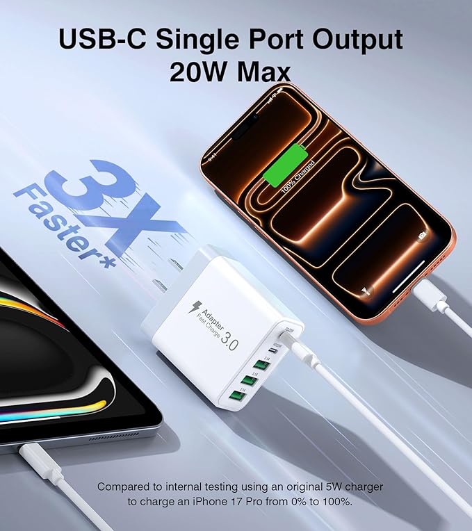 [2-Pack] USB C Wall Charger, 60W Fast USB C Charger Block, 5-Port PD Power Adapter + QC Wall Plug Multiport Type C Charging Block Cube Compatible with iPhone 17 16 15 14 13 12 Pro Max XR XS, Tablets