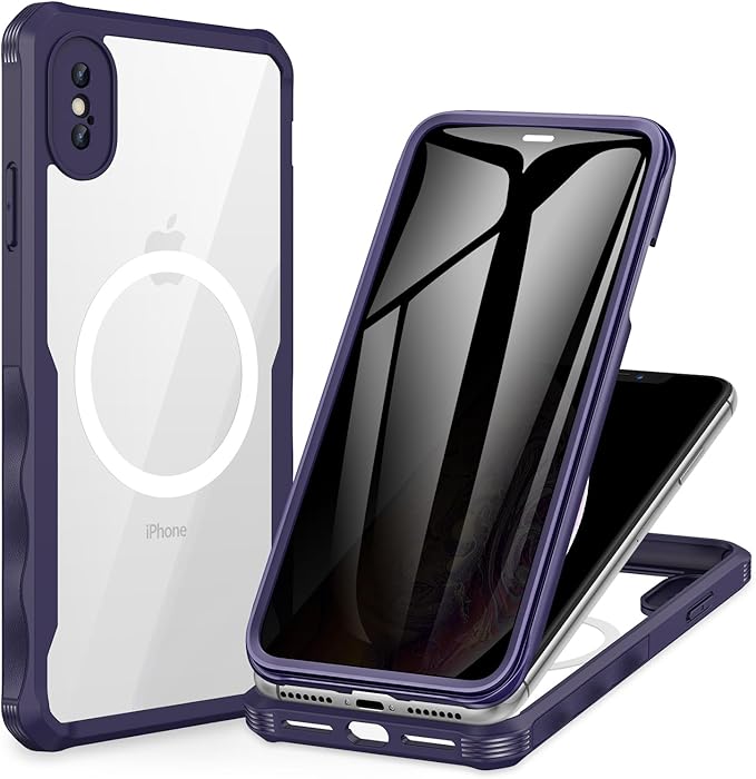 CENHUFO Privacy Magnetic for iPhone Xs Max Case, Full Body Phone Case Built-in 9H Tempered Glass Privacy Screen Protector [Compatible with Magsafe] Shockproof Protective Bumper Clear Cover - Purple