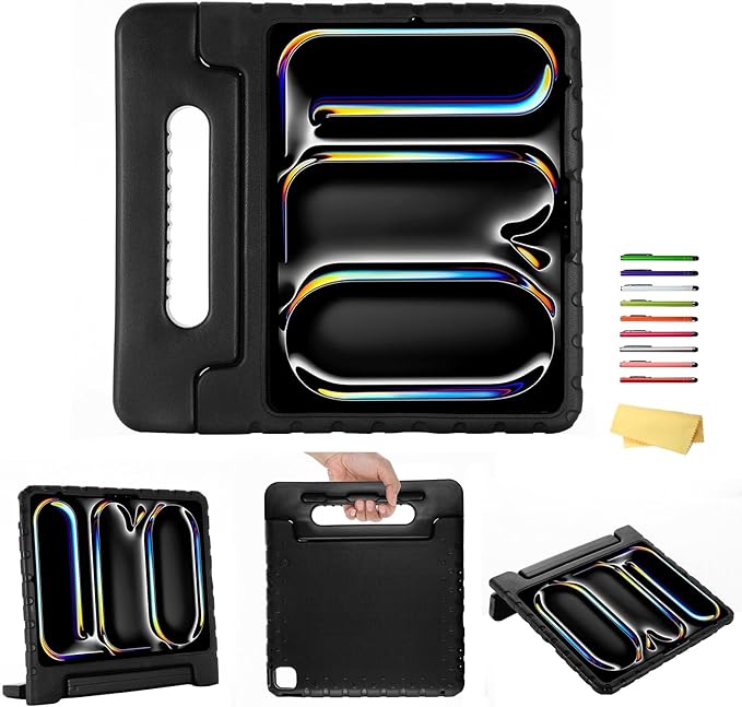 Kids Case for iPad Air 13-inch M3/M2 & iPad Pro 13 inch Case M5/M4 (2025/2024) with Pencil Holder/Kickstand Lightweight Convertible Handle Stand EVA Shockproof Rugged Protective Cover, Black