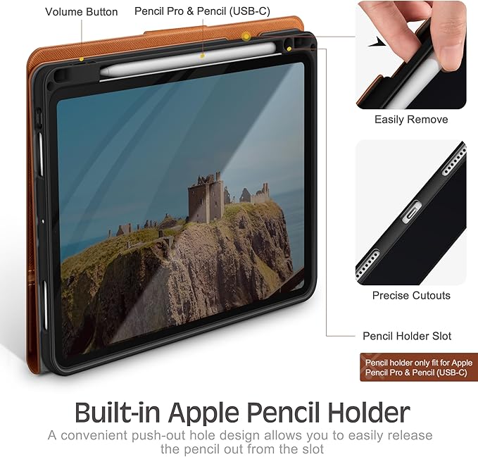 KingBlanc Case for iPad Pro 13-inch (M5 2025, M4 2024) with Pencil Holder, PU Leather Book-Style Cover, Auto Sleep/Wake, Pencil Pro & USB-C Compatible, Multi-Angle Stand for Viewing & Drawing, Brown