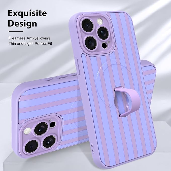 KANGHAR Compatible with iPhone 15 Pro Case, Support for MagSafe, Silicone Stripes Cute Pattern, Wristband Kickstand Camera Protection Soft Slim Cover for Girls Women -Purple