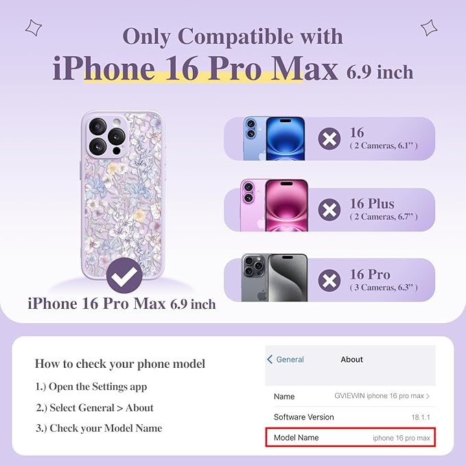 GVIEWIN for iPhone 16 Pro Max Case Compatible with MagSafe, [Military Grade Protection] [Screen Protector] Full Camera Protection Floral Translucent Women Magnetic Phone Case, Apricot Blossom/Purple
