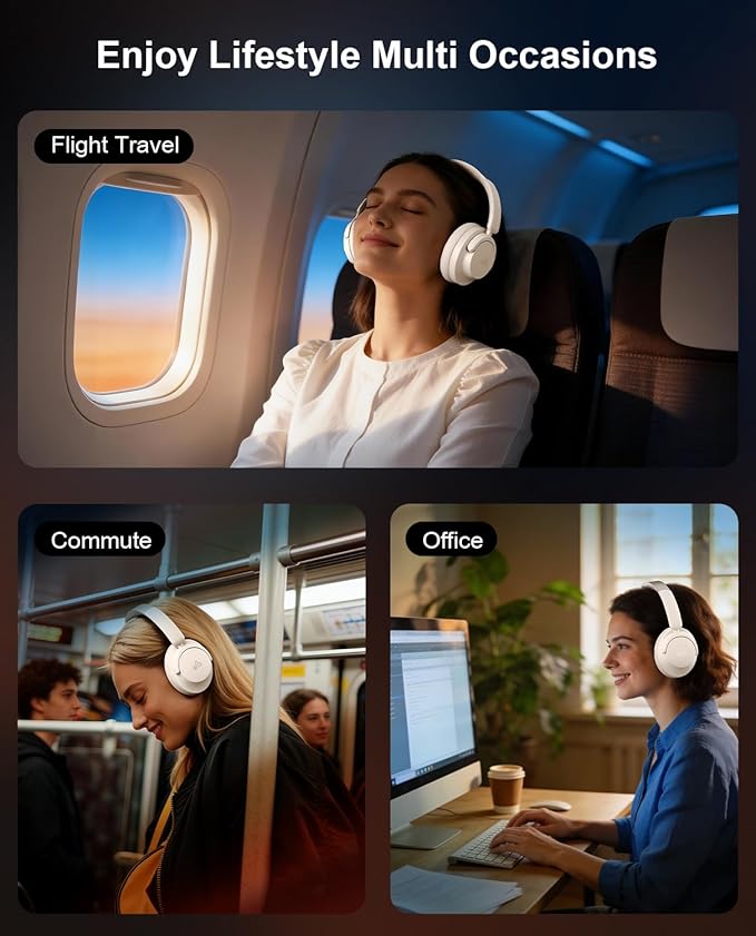 Hybrid Active Noise Cancelling Headphones, Over-Ear Bluetooth Headphone with Hi-Res Audio, 60H Playtime, Deep Bass, Transparency Mode, Foldable Comfort Ear Cups, Ideal gift for Travel Office - Beige
